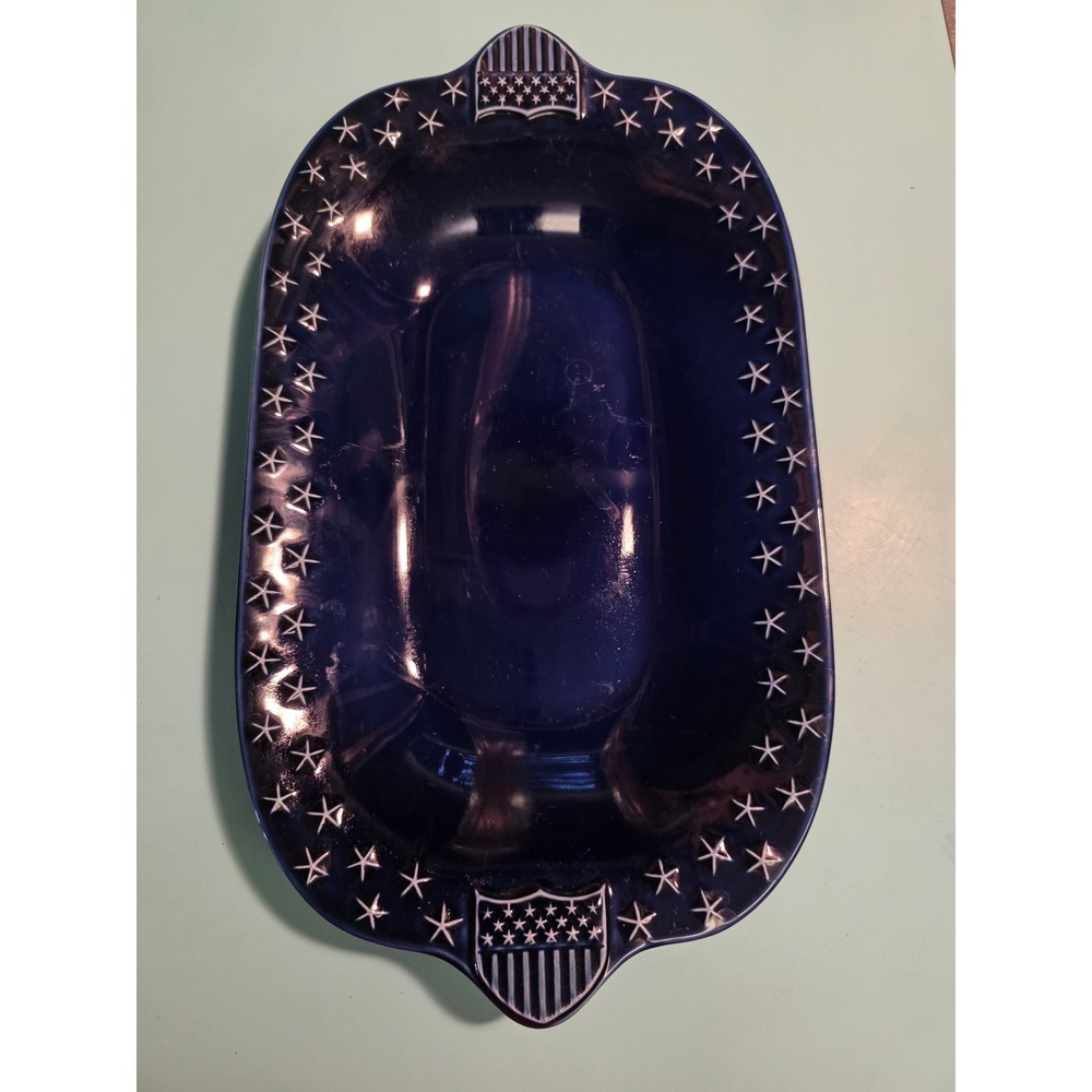 Longaberger Pottery Proudly American Platter Cobalt Blue Stars Stripes 15 inch